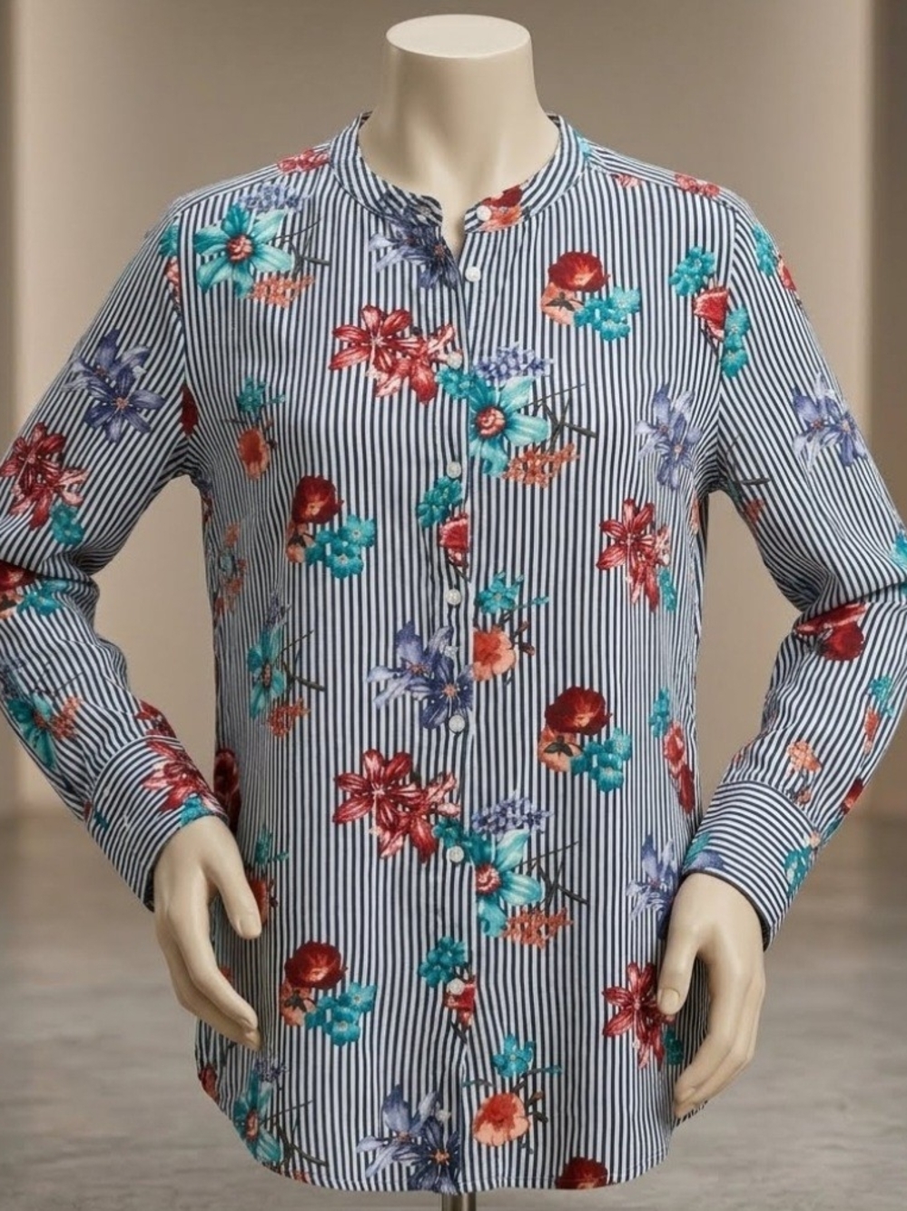 LOFT Navy and White Striped Floral Button-Down Shirt Womans Medium